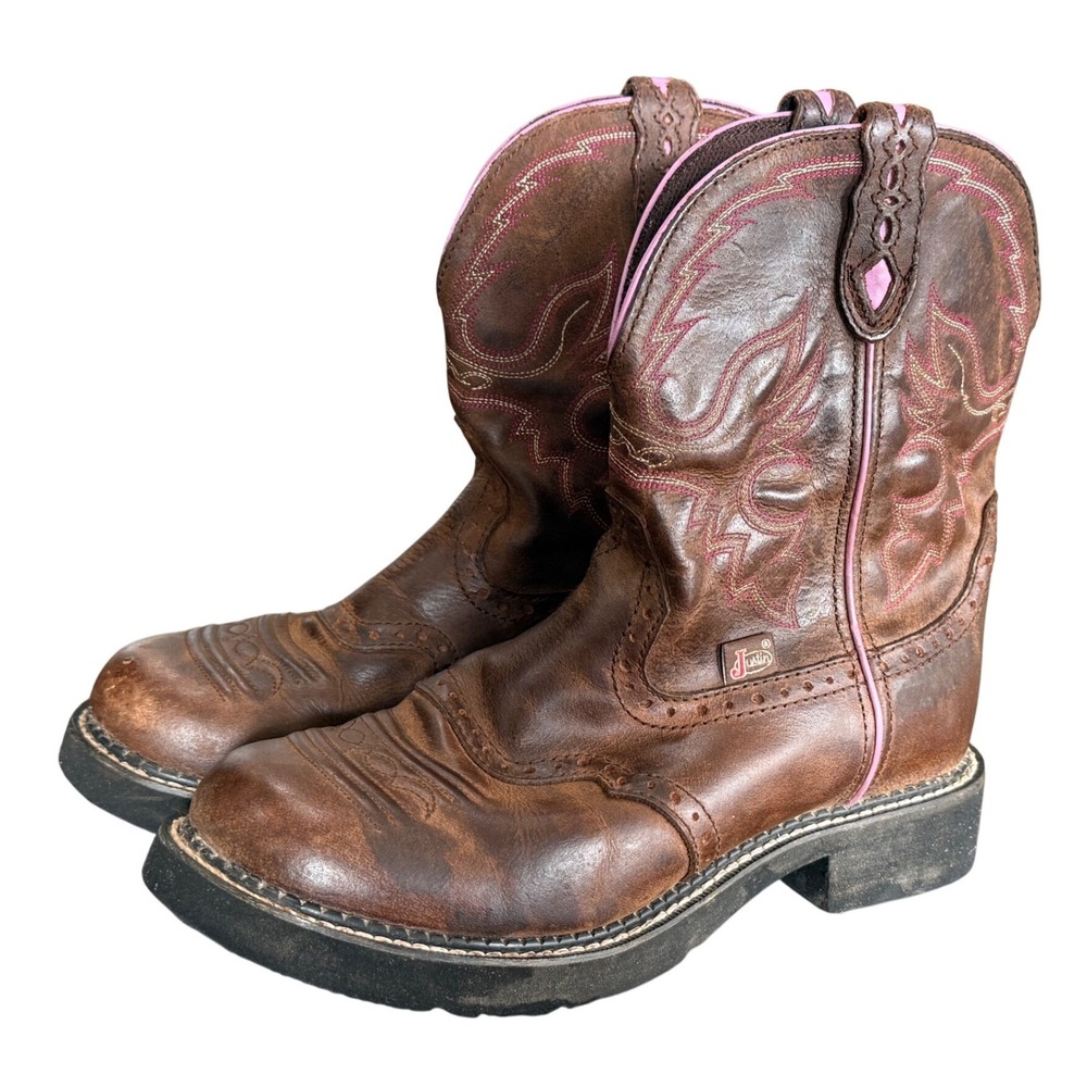 Justin Gypsy Boots Women 9.5 B Brown Leather Pink Round Toe Western Work Rodeo